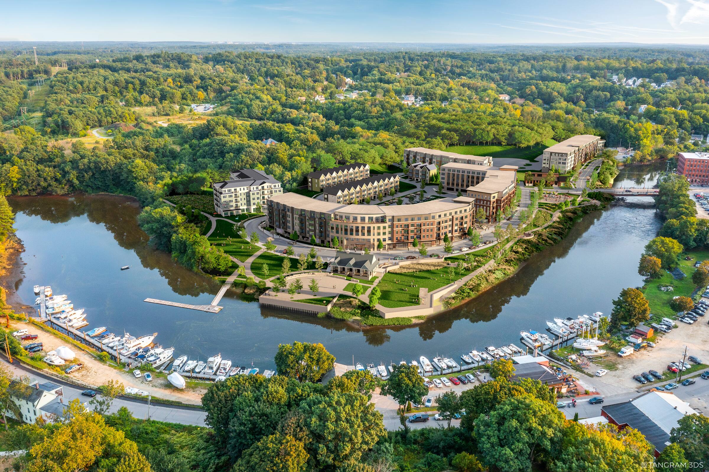 Aerial view of Rivelle and the Cochecho Waterfront District in Dover, New Hampshire, with Nebi Park and the river below. Artist's rendering.