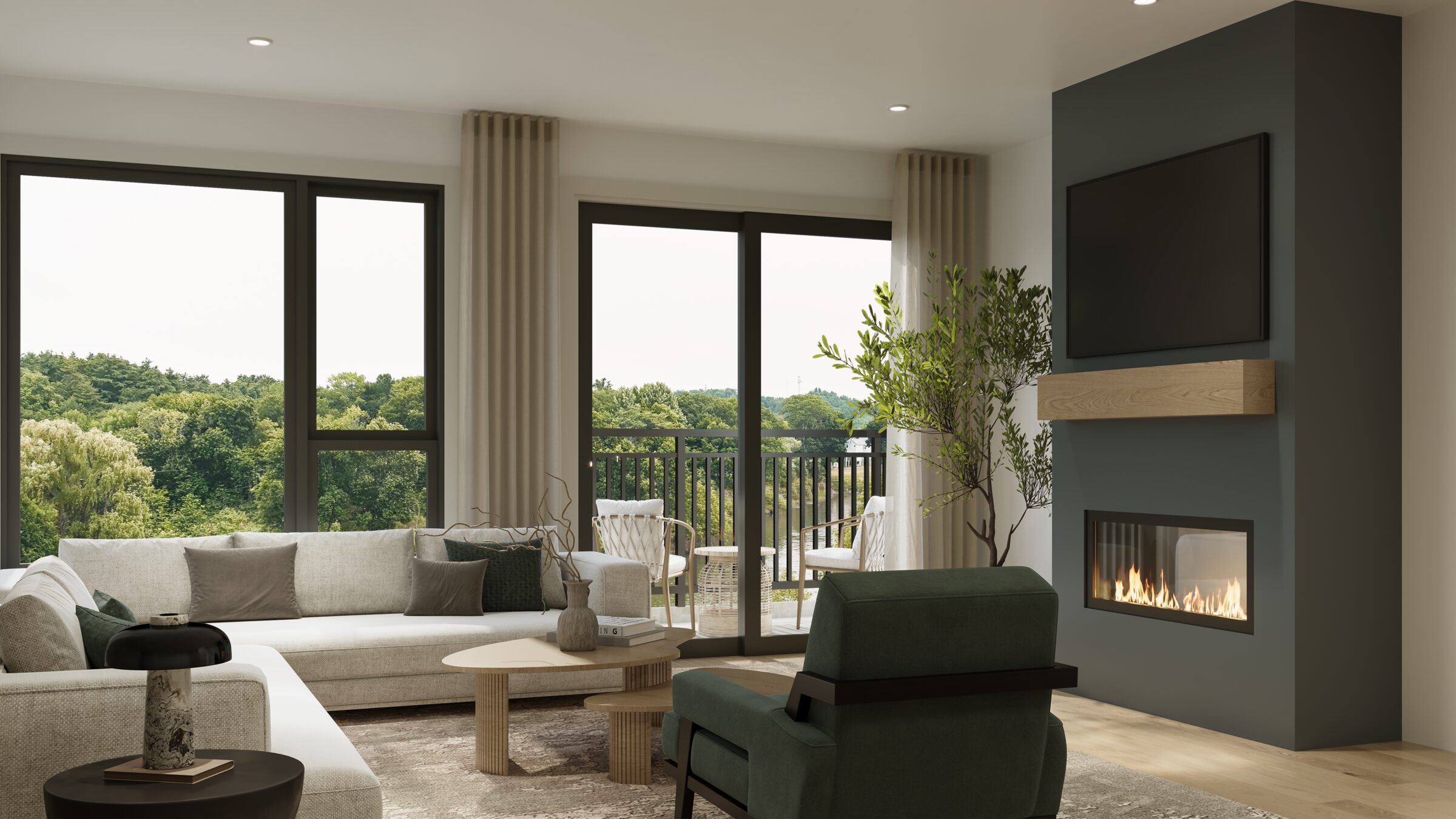 Living room in a Rivelle residence with a Heat and Glo gas fireplace, floating white oak mantel, and a private balcony overlooking the river. Artist's rendering.